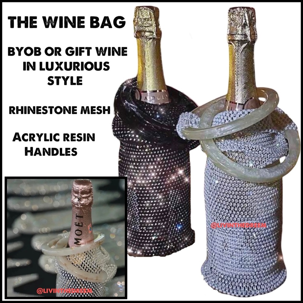 THE WINE BAG Handwoven sparkly mesh wine bag with acrylic resin handle $49